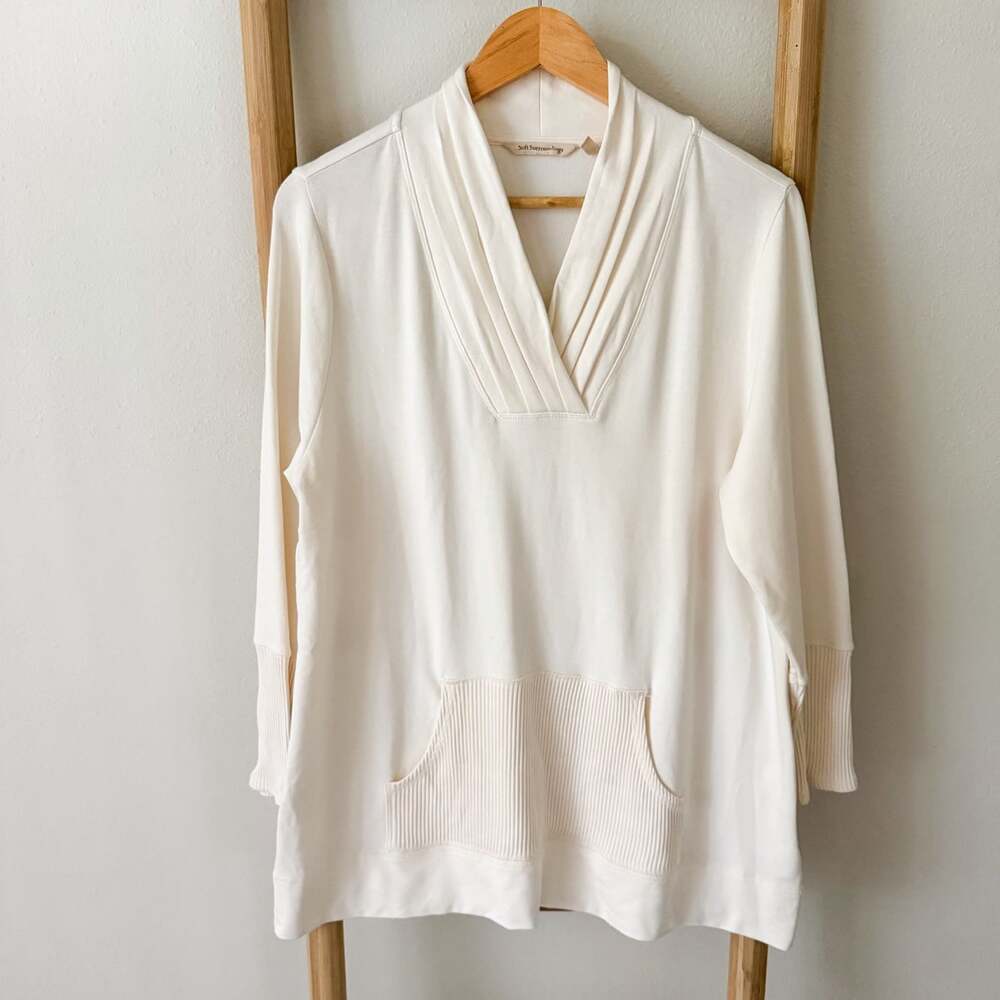 Soft Surroundings Tunic Top L Ivory White Pleated V Neck Long Sleeve Pocket